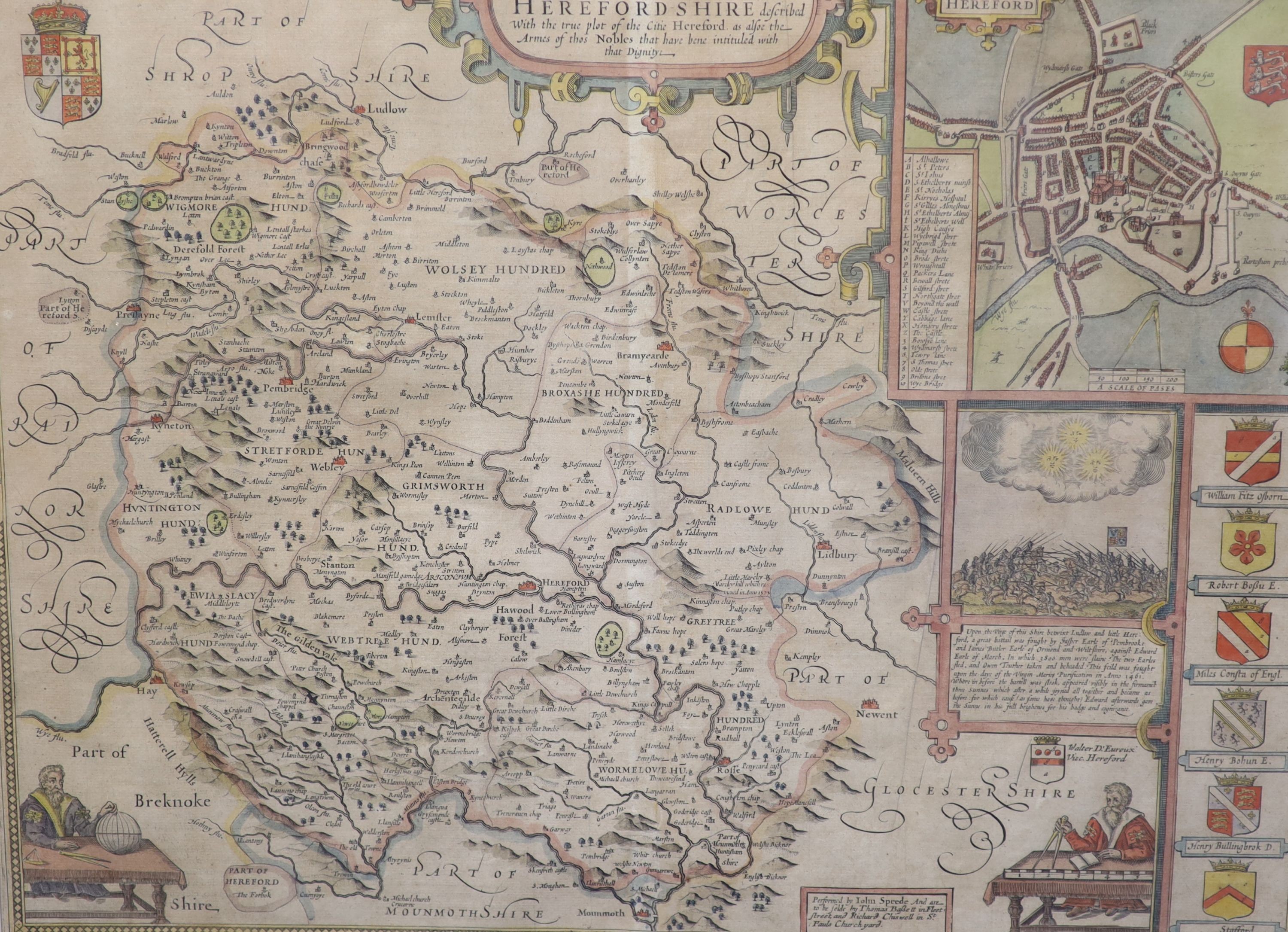 John Speed. Herefordshire described with the true plot of the Citie Hereford as also the Armes of thos Nobles that have been intituled with that Dignity. Performed by John Speede And are to be folde by Thomas Bafsett in